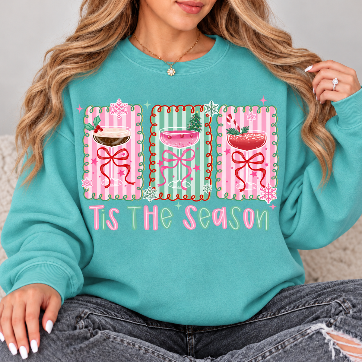 Tis the Season Christmas Cocktails Top design on a Seafoam crewneck sweatshirt
