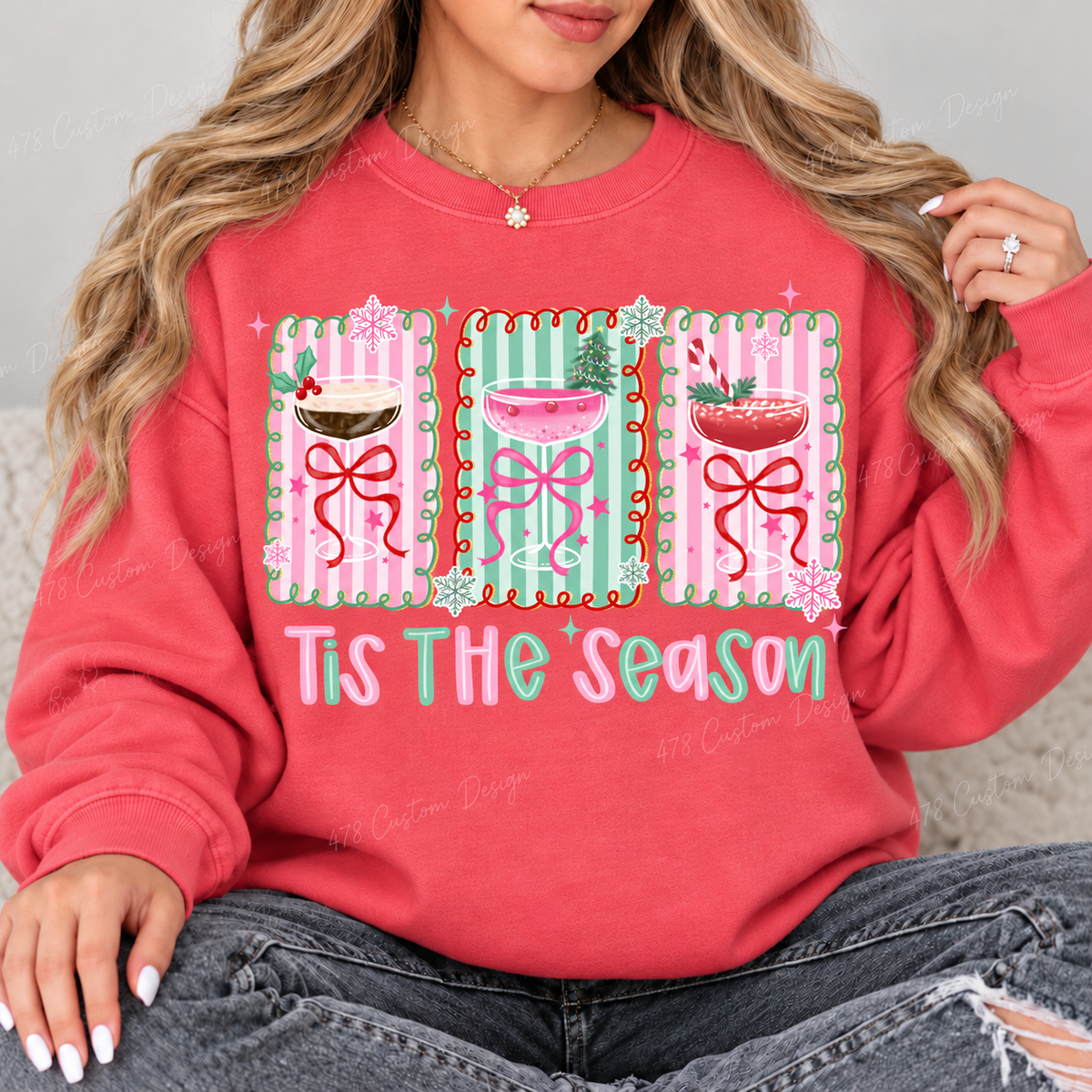 Tis the Season Christmas Cocktails Top design on a Watermelon crewneck sweatshirt