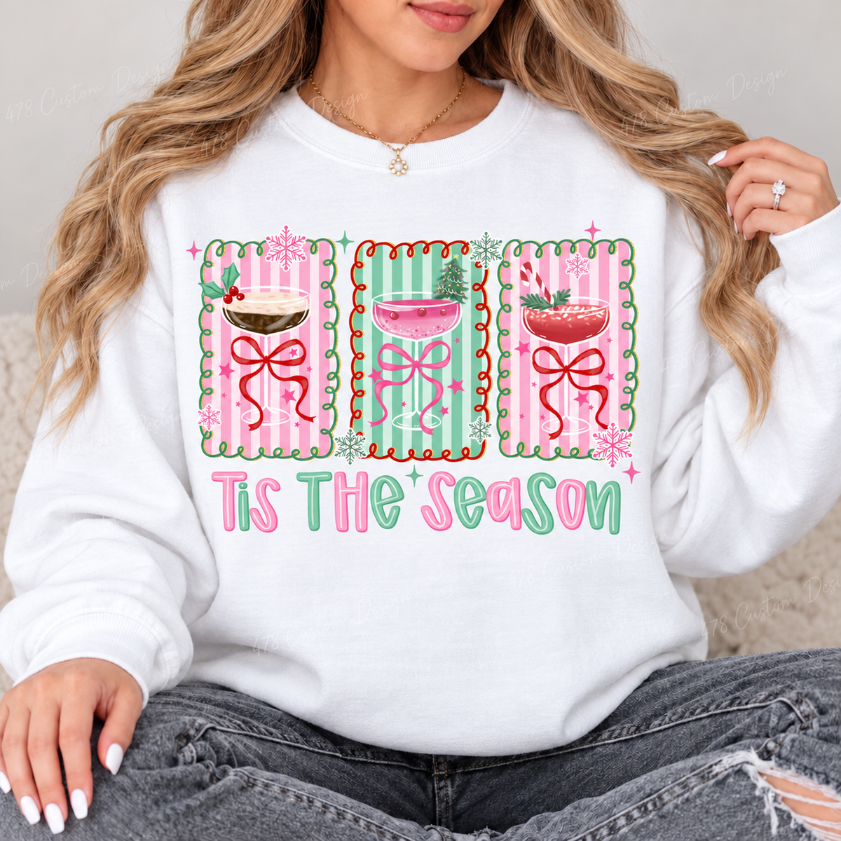 Tis the Season Christmas Cocktails Top design on a White crewneck sweatshirt