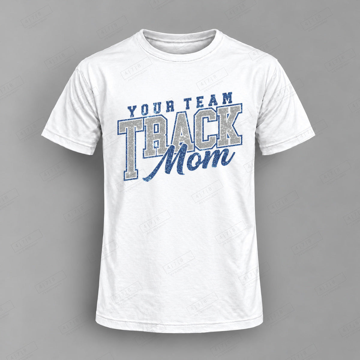 Custom Glitter Track Mom Top white shirt mockup with 478 Custom Design watermark
