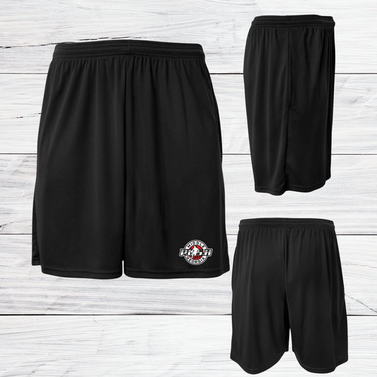 Black PUSH Basketball shorts showing front, side and back views.