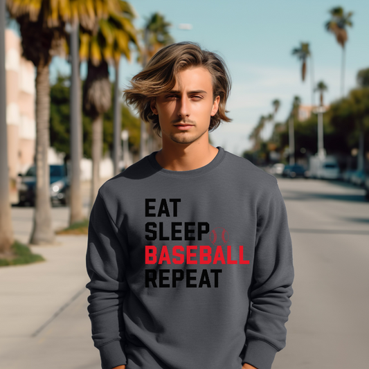 Eat Sleep Baseball Repeat Top – Red & Black Lettering design shown on a crewneck sweatshirt.