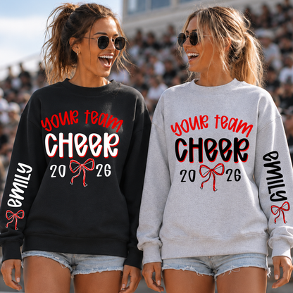 Custom Cheer Team With Bow Top mockup showing the chest design and sleeve lettering.