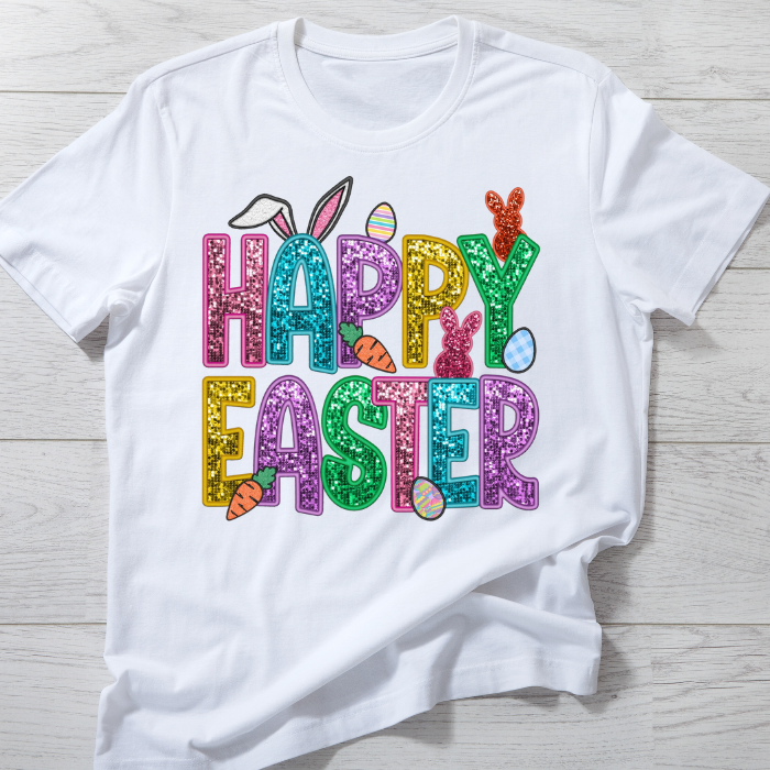 Faux Glitter Happy Easter Top