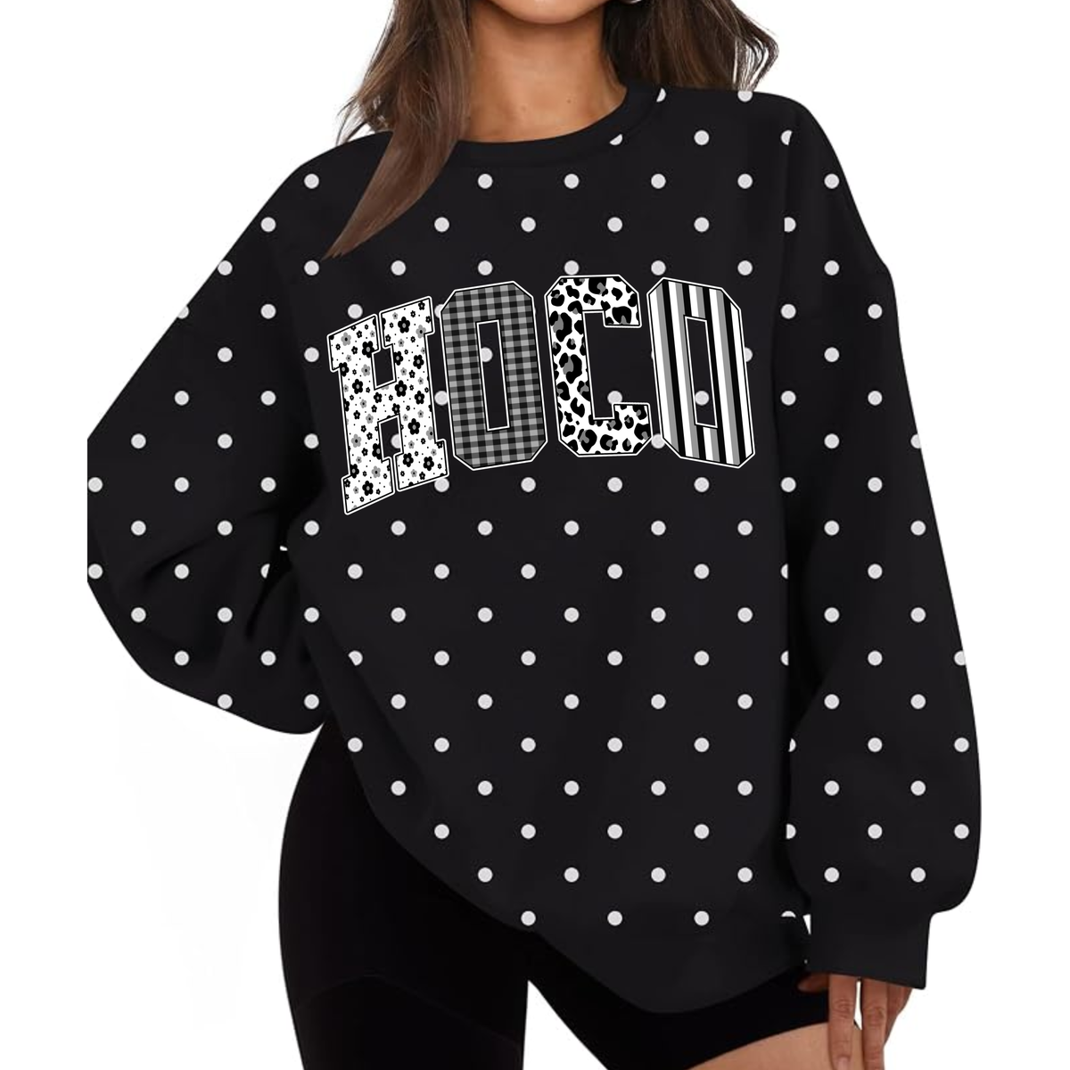 HOCO design on black with white polka dots sweatshirt