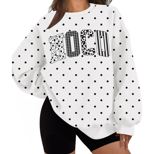 HOCO design on white with black polka dots sweatshirt
