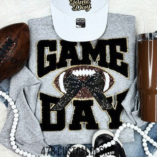 Game Day Football Sequin and Chenille Patch Top- Black and Gold