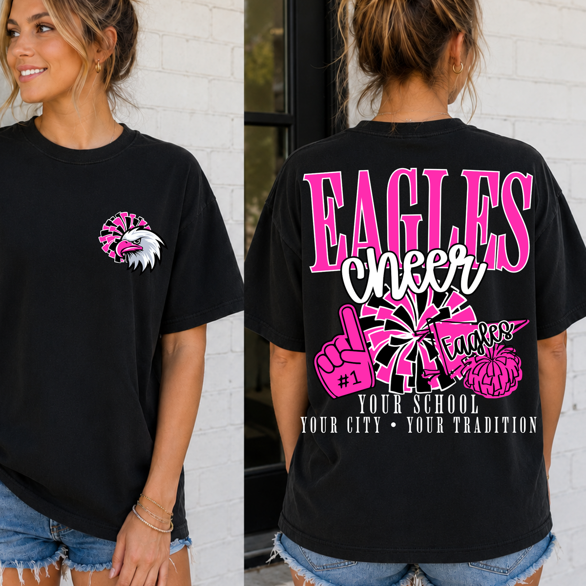 Custom Cheer School Spirit Mascot Top mockup showing the front and back design.