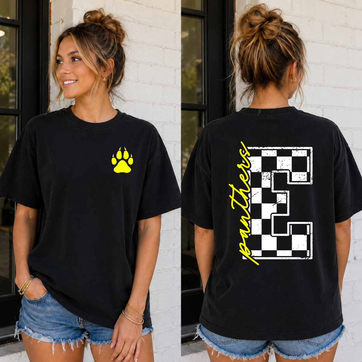 Custom Checkered Distressed Initial School Spirit Mascot Top — design example 1