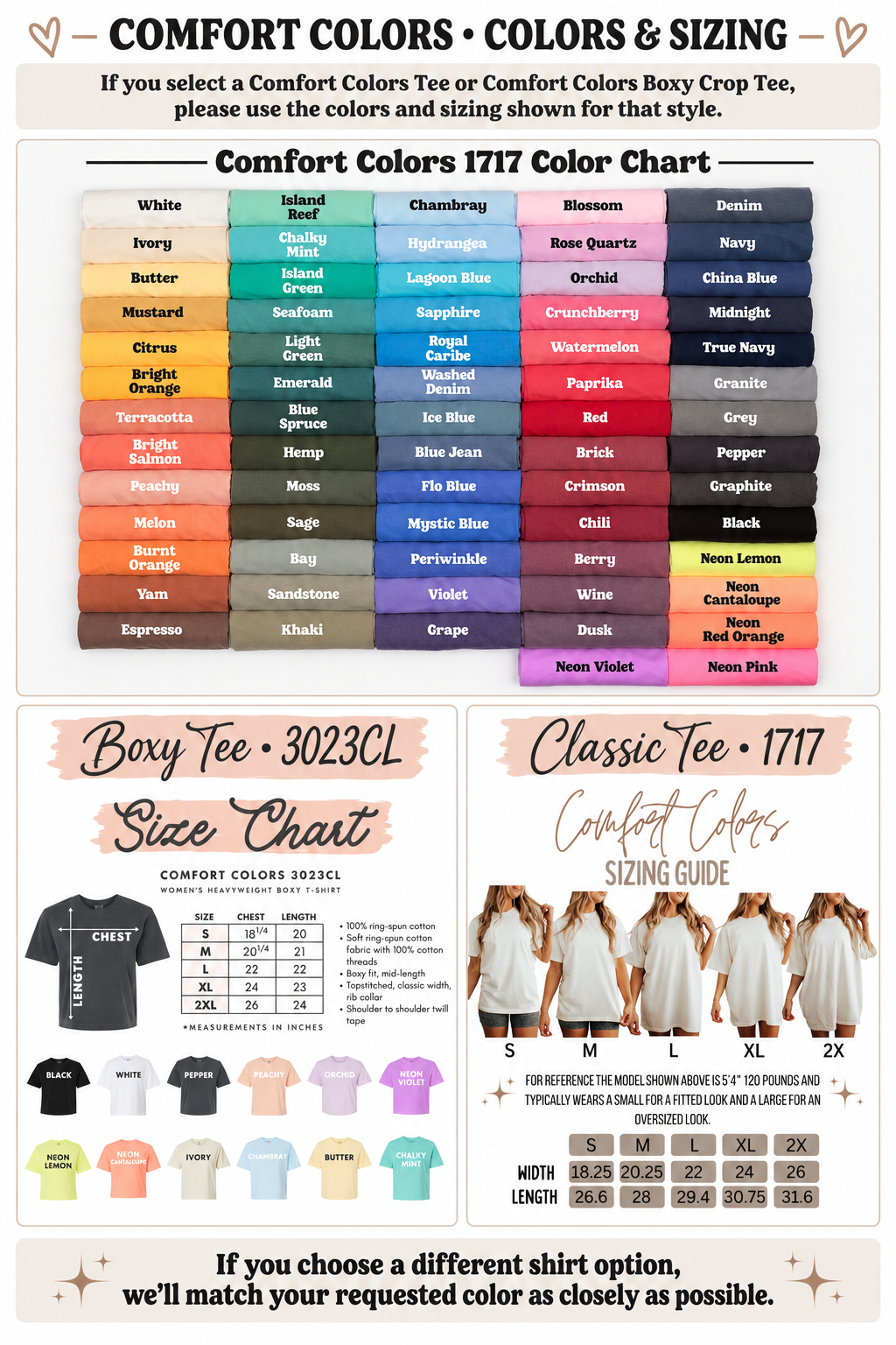 Comfort Colors color and size chart