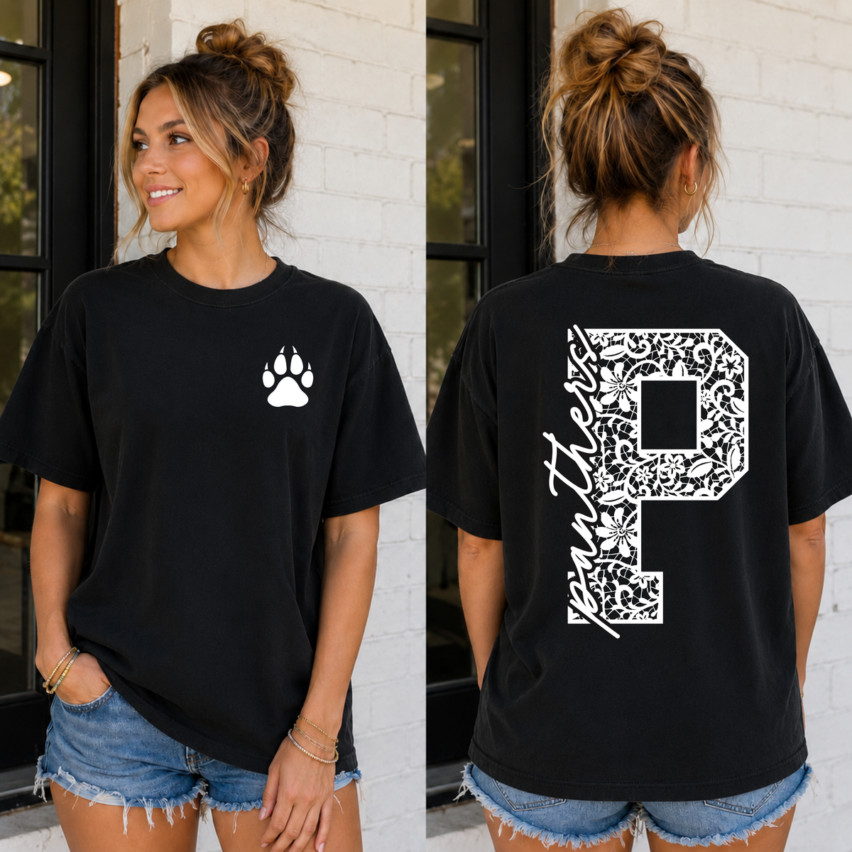 Custom Floral Lace Initial School Spirit Mascot Top — design example 1