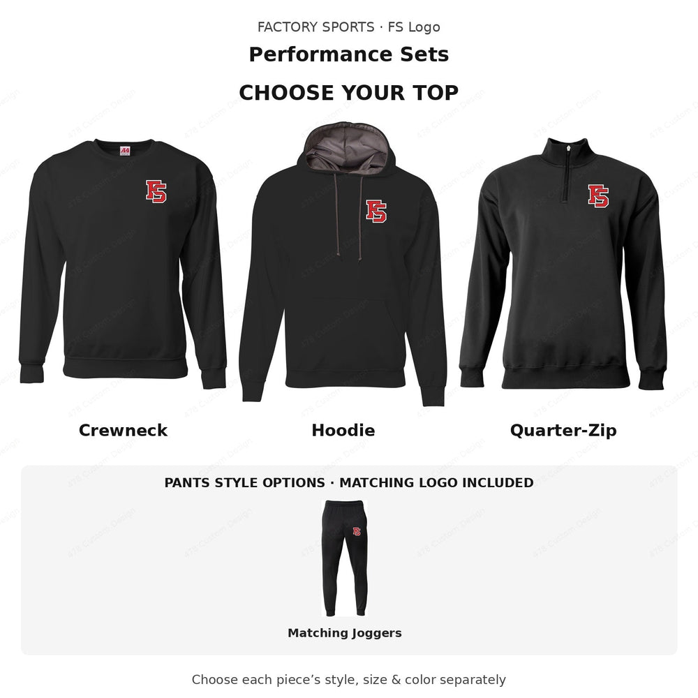 Performance Sets — choose crewneck, hoodie or quarter-zip with matching joggers