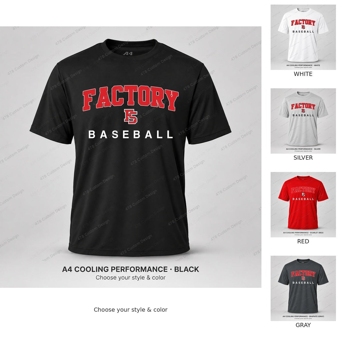 Factory Baseball — Collegiate Arch & FS Logo — all shirt colors — consistent cover with 478 Custom Design watermark