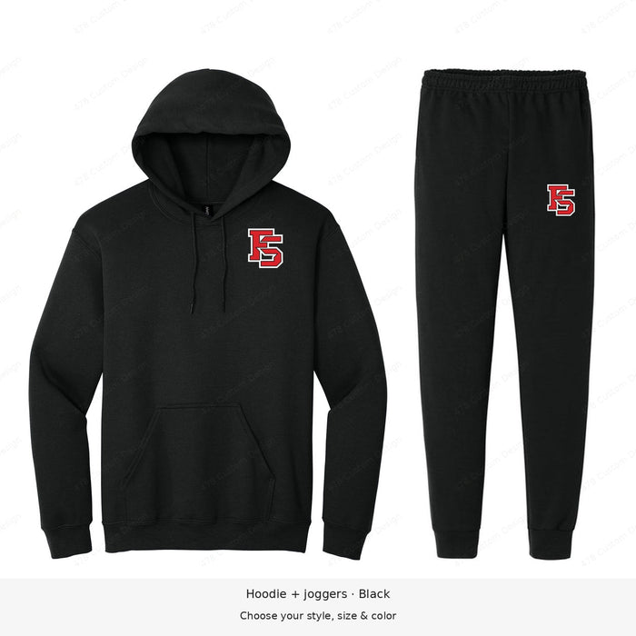 Factory Sports Gildan fleece set — approved lower chest logo; pants logo closer to outer edge — example 1