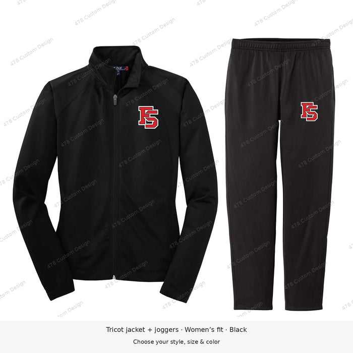 Factory Sports — FS Logo — Sport-Tek Tricot Warm-Up Set — smaller chest logo; lower outer-thigh logo