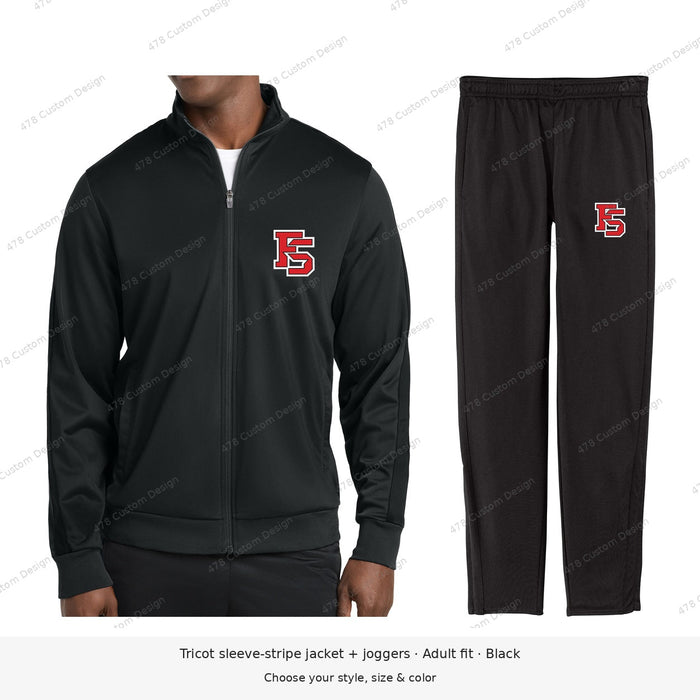 Factory Sports — FS Logo — Sport-Tek Tricot Warm-Up Set — smaller chest logo; lower outer-thigh logo