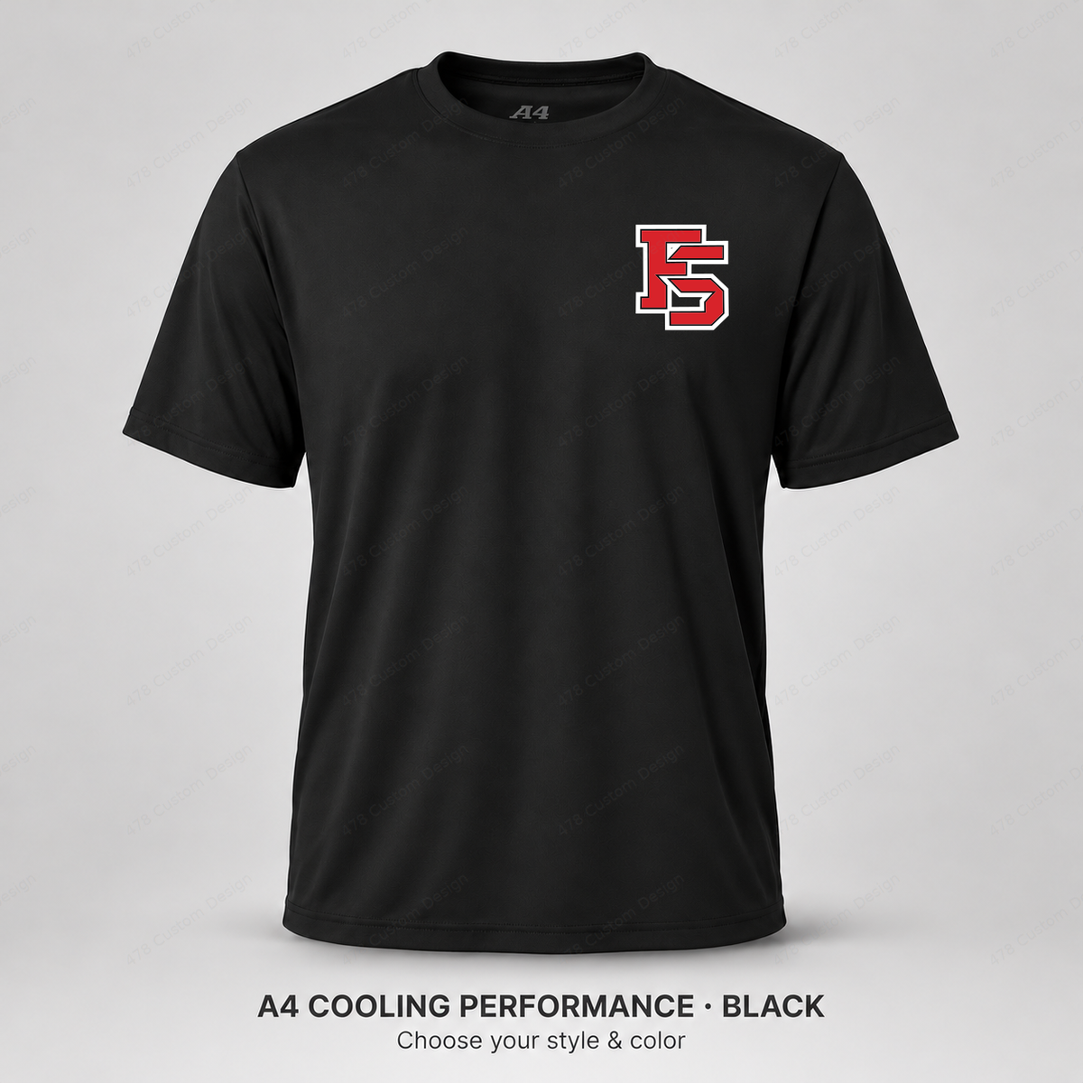 Factory FS left chest — smaller 2.4-inch logo — Black — refined smaller FS chest logo