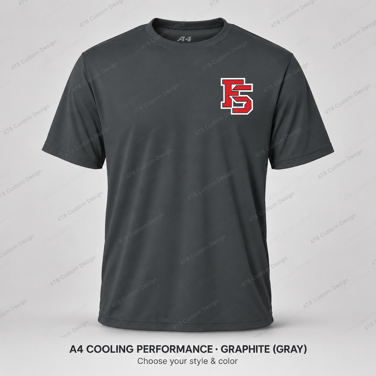 Factory FS left chest — smaller 2.4-inch logo — Graphite — refined smaller FS chest logo