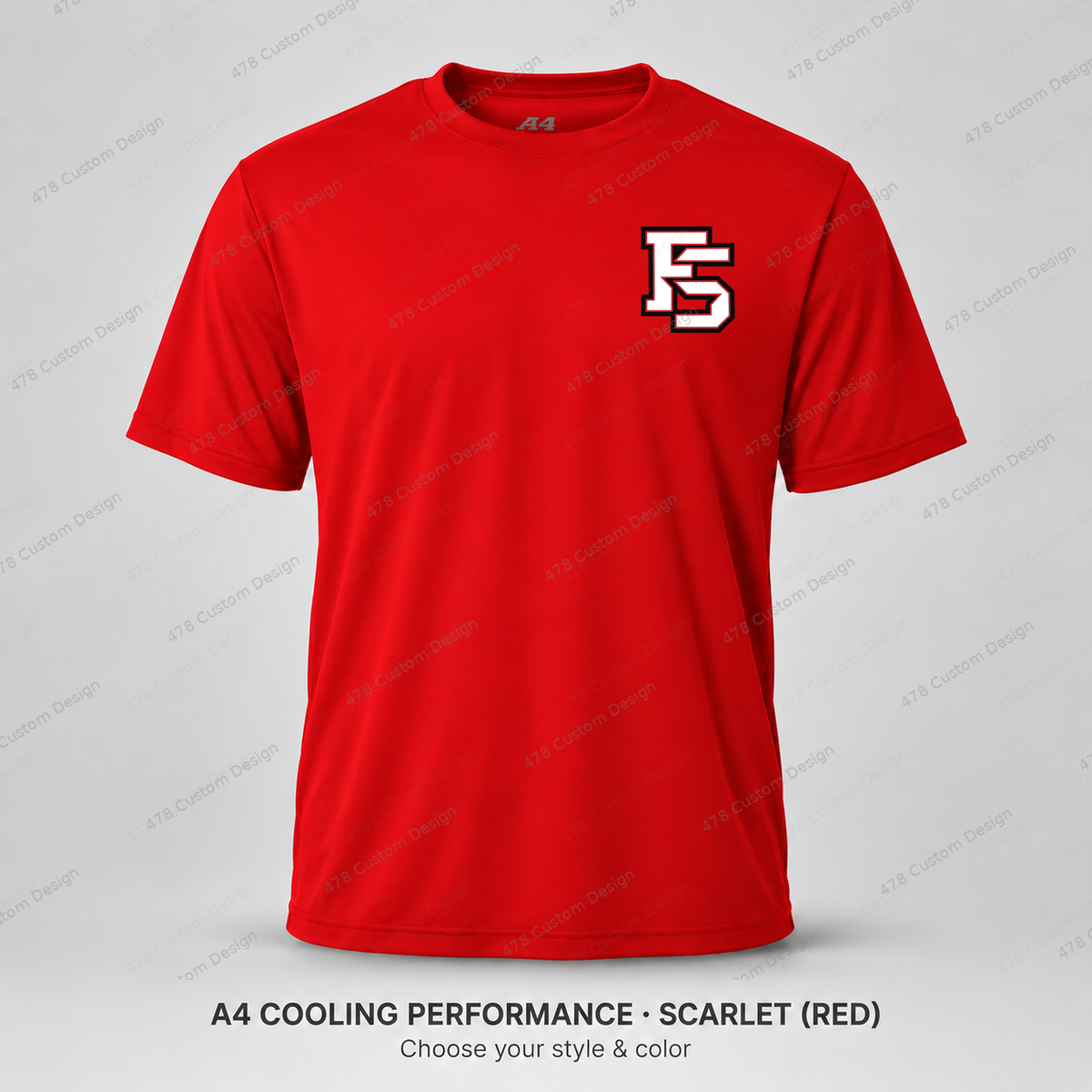 Factory FS left chest — smaller 2.4-inch logo — Scarlet — refined smaller FS chest logo