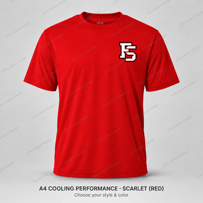 Factory FS left chest — smaller 2.4-inch logo — Scarlet — refined smaller FS chest logo