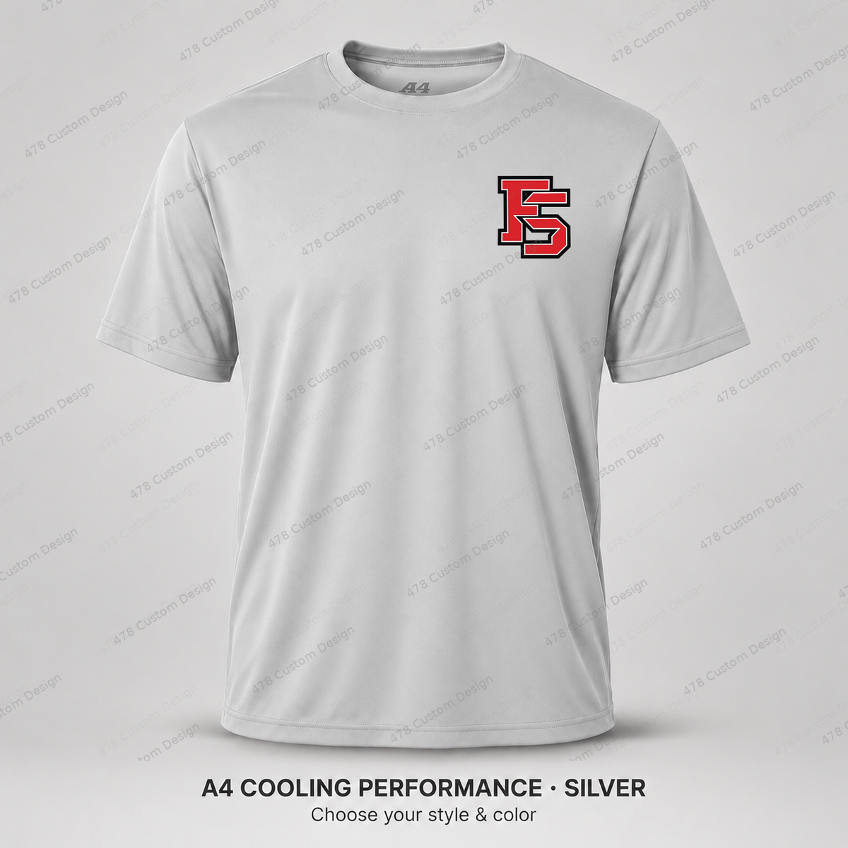 Factory FS left chest — smaller 2.4-inch logo — Silver — refined smaller FS chest logo