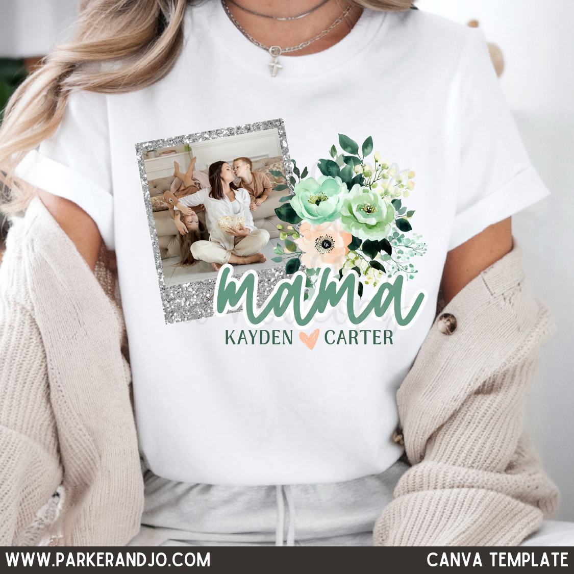 Custom Floral Faux Glitter Greens Mothers Day Top — design example 2