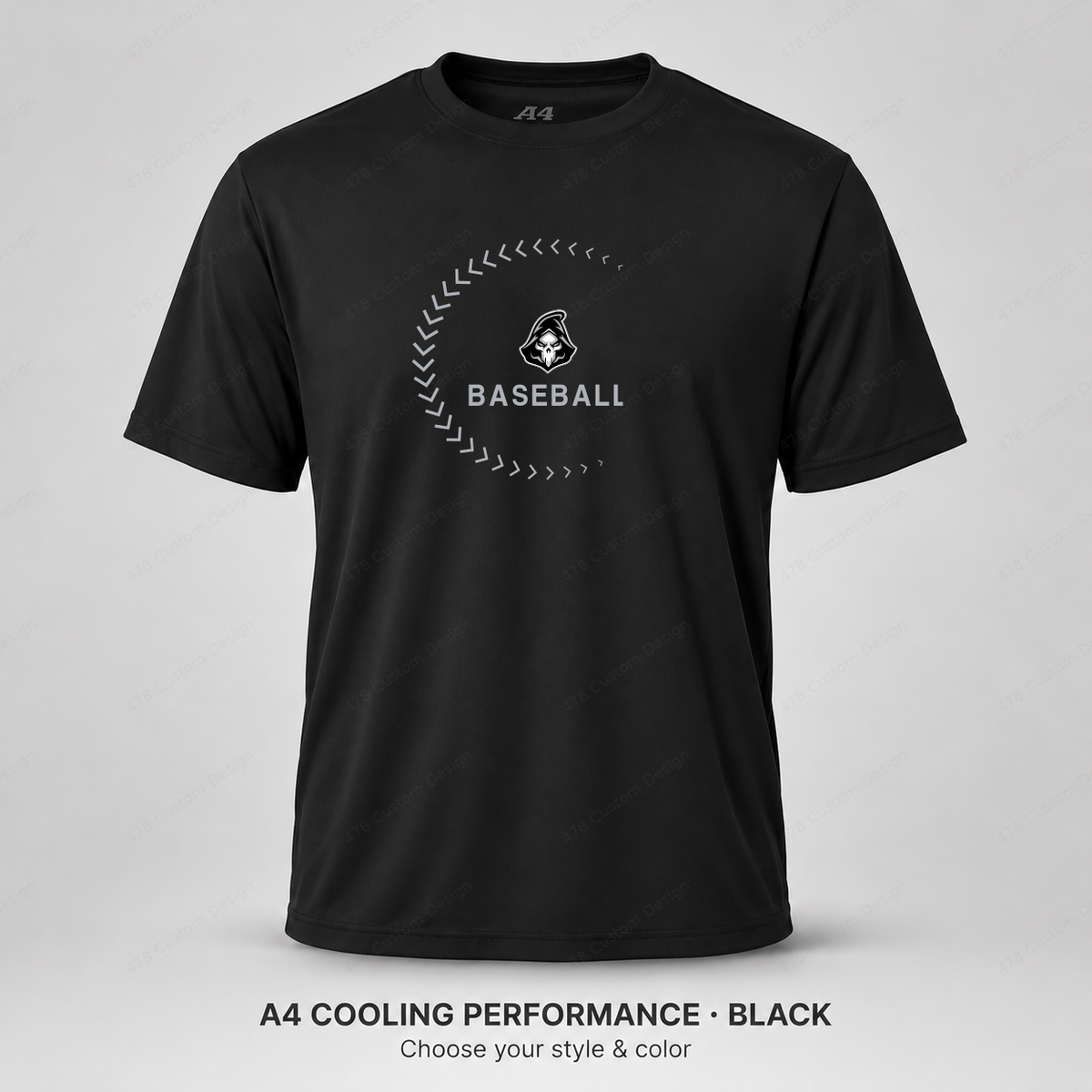 Ghost Baseball Sweeping Stitches — Black — larger logo and BASEBALL, gray stitching