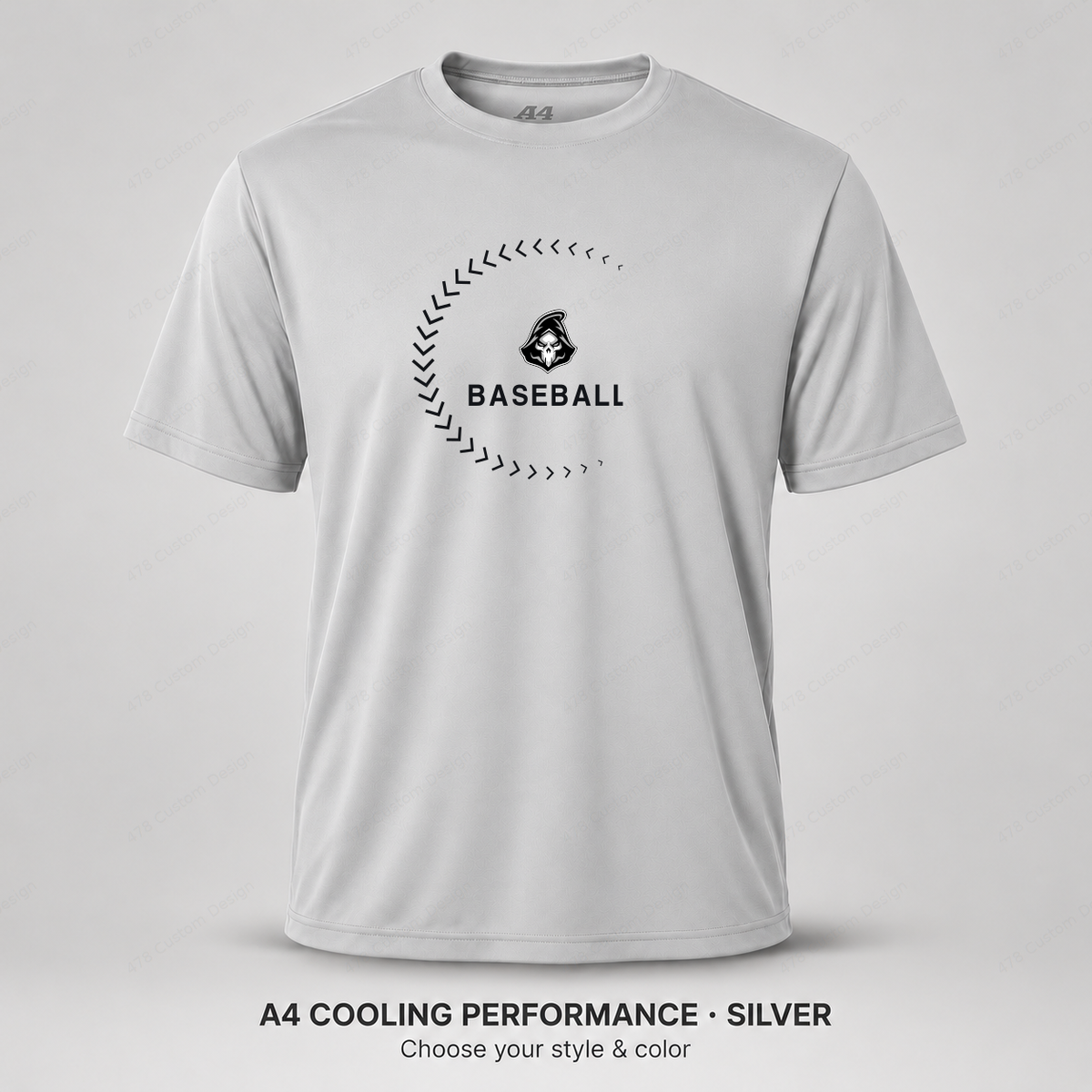 Ghost Baseball Sweeping Stitches — Silver — larger logo and BASEBALL, gray stitching
