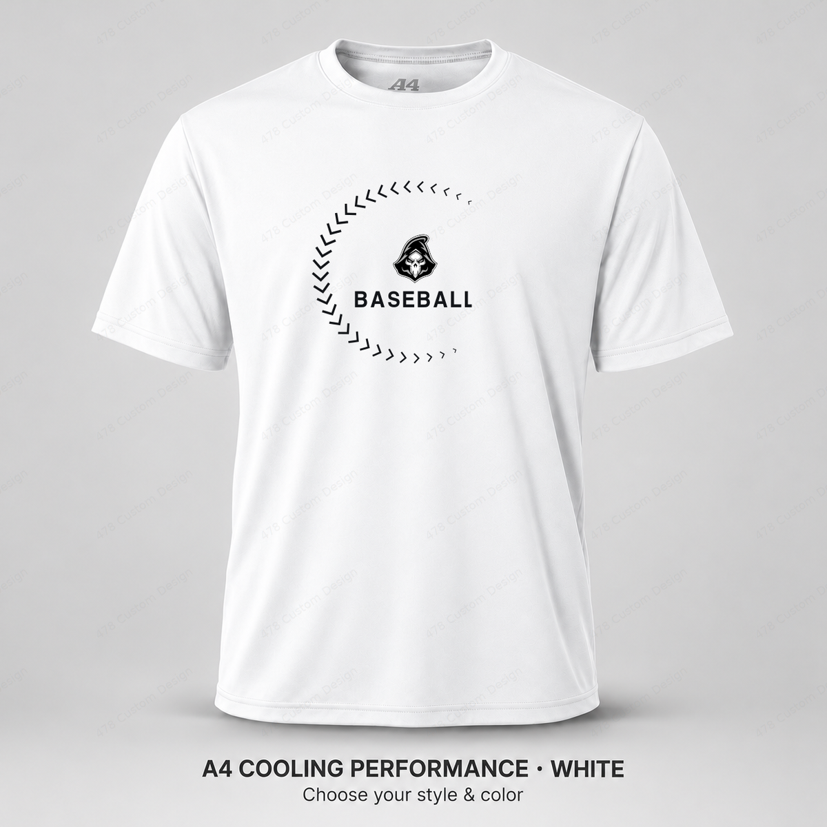 Ghost Baseball Sweeping Stitches — White — larger logo and BASEBALL, gray stitching
