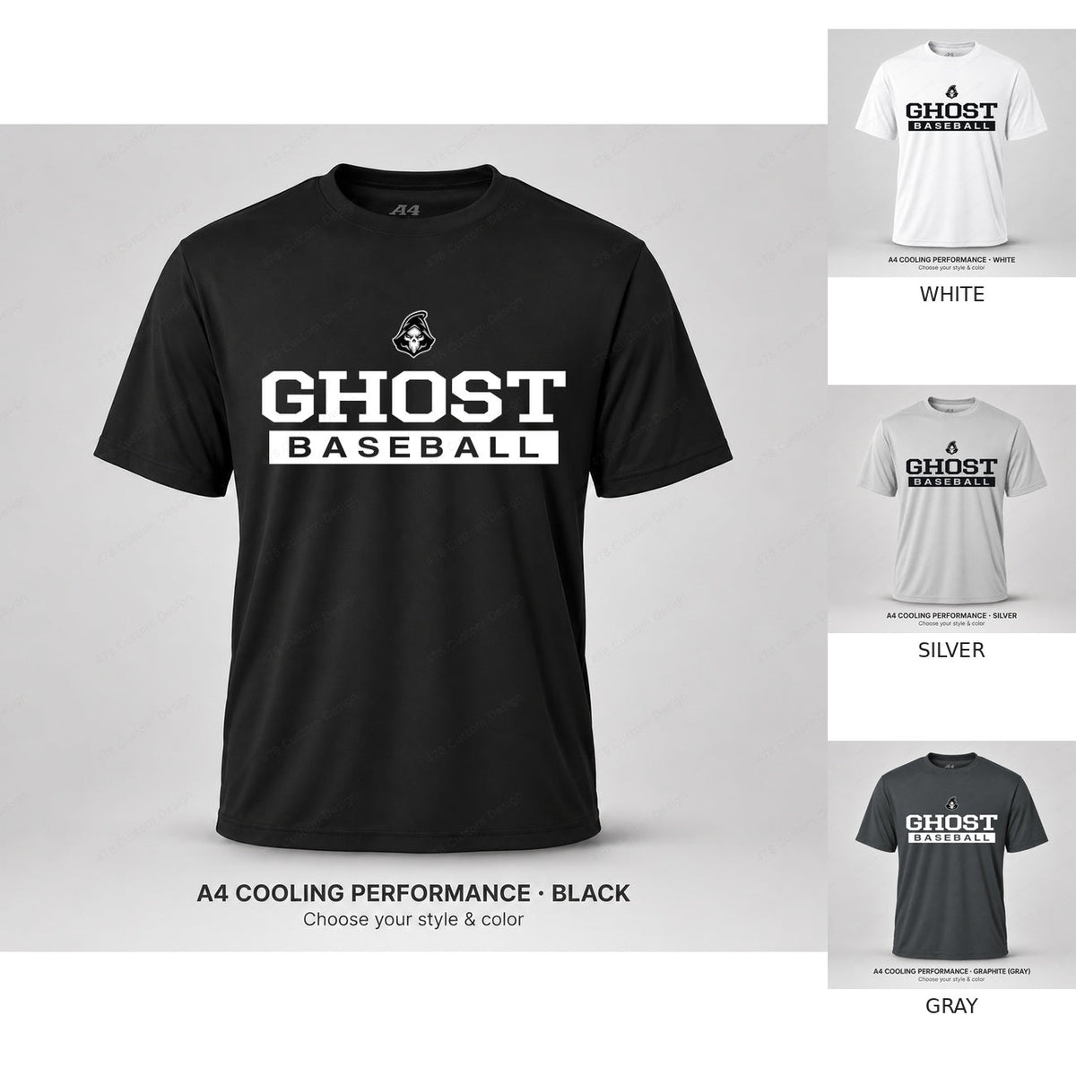 Ghost Baseball Sport Bar — full shirt with all four color previews