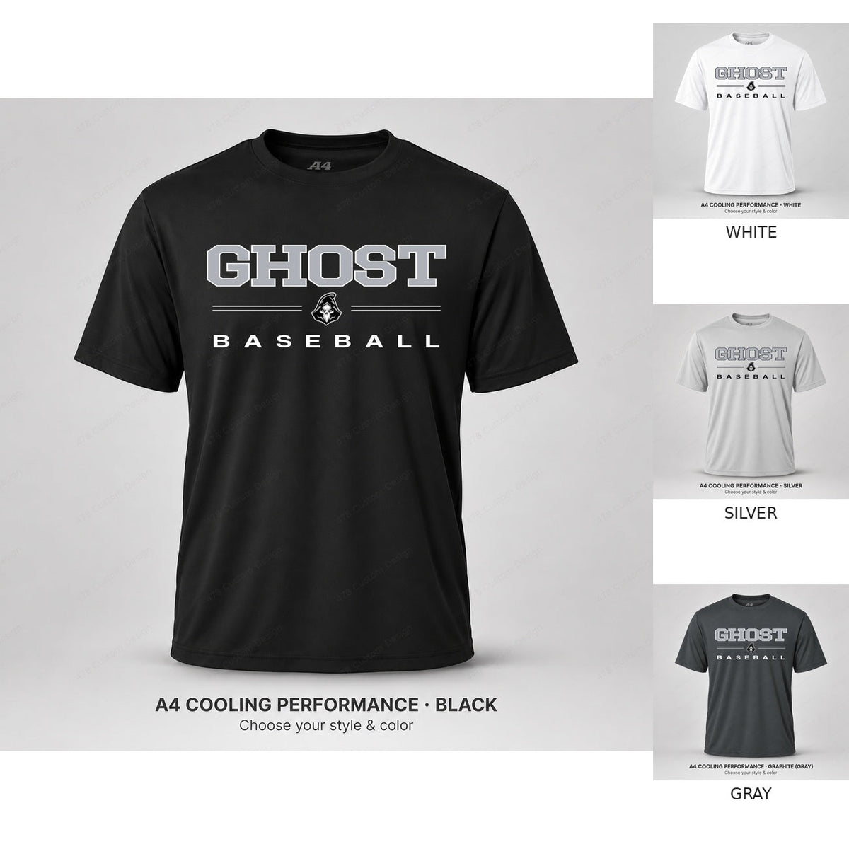 Ghost Baseball Split Rule — full shirt with all four color previews