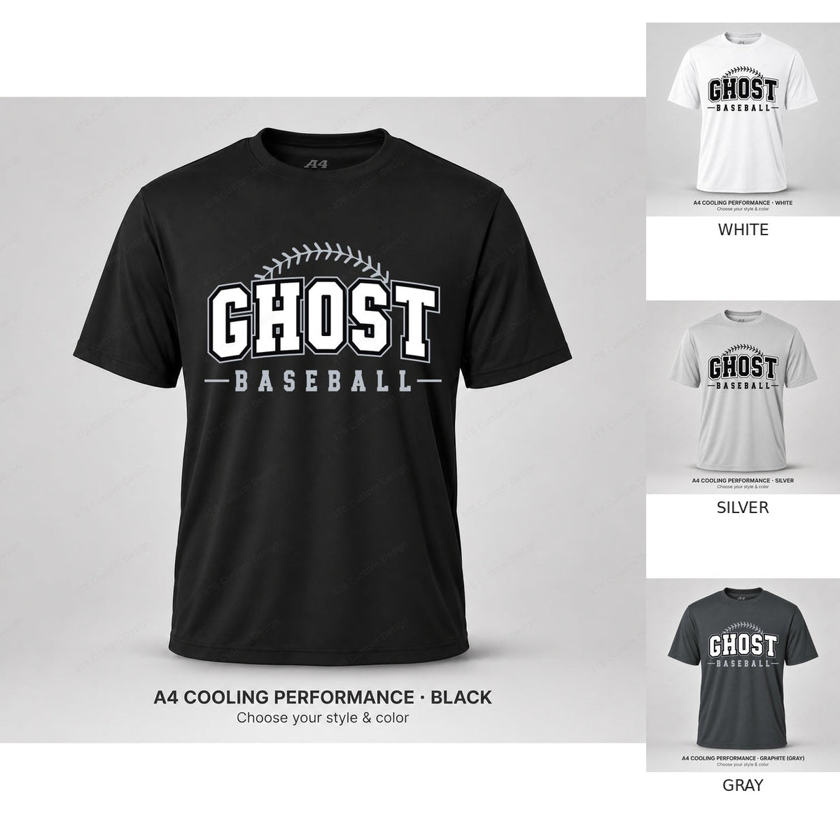 Ghost Baseball Arched Baseball Stitching — full shirt with all four color previews