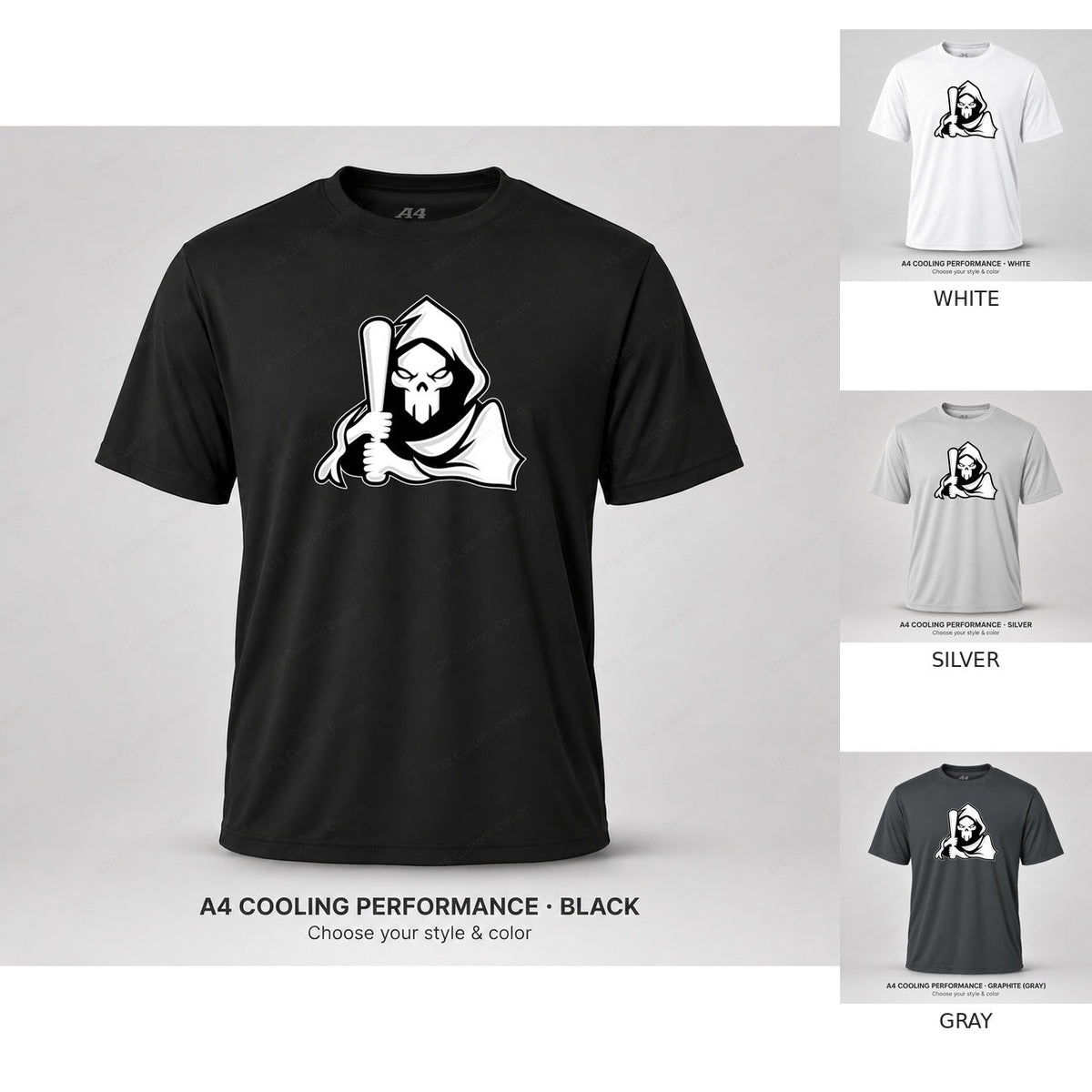 Ghost Bat-Holding Reaper — smaller main logo — all colors — shirt logo reduced 8%