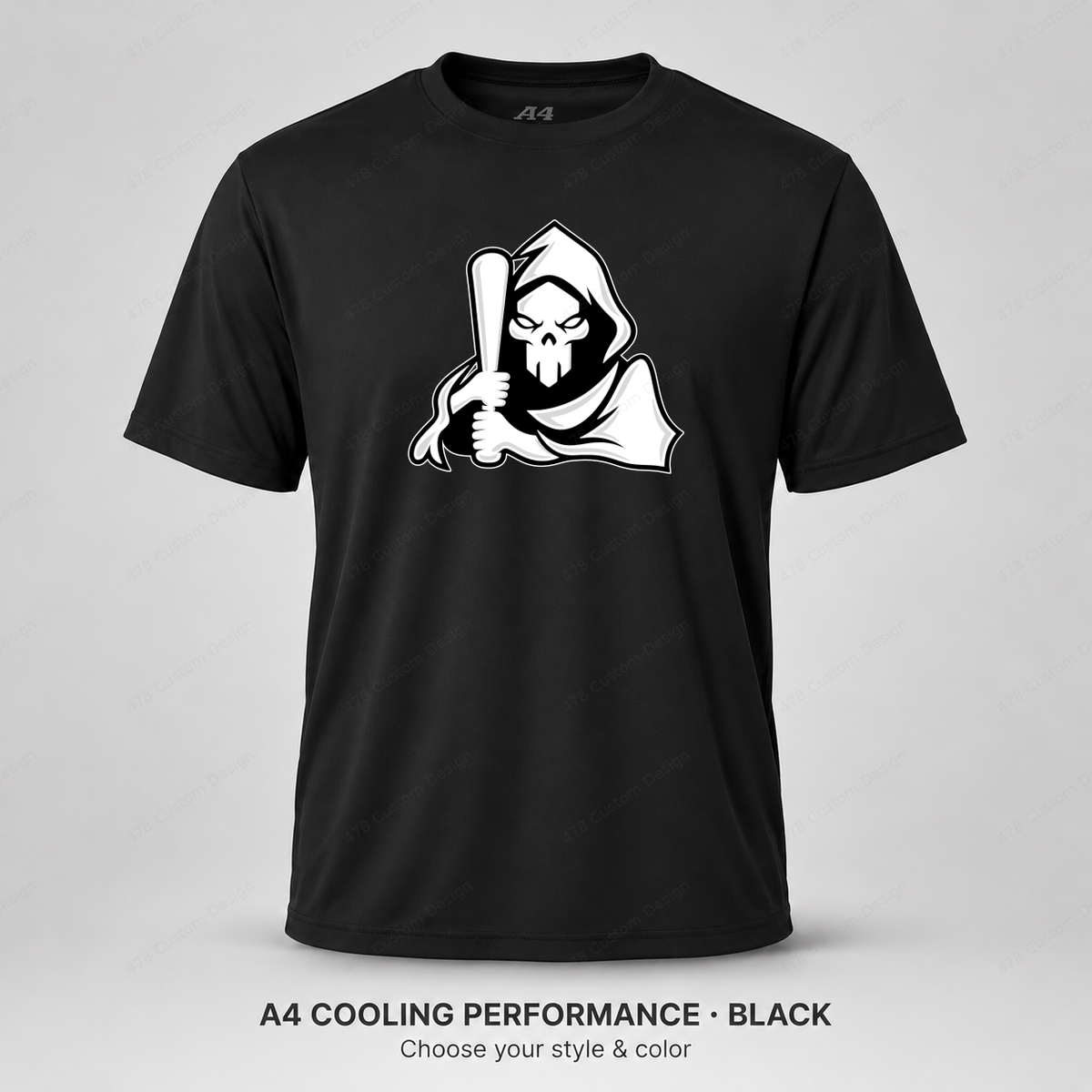 Ghost Bat-Holding Reaper — smaller main logo — Black — shirt logo reduced 8%