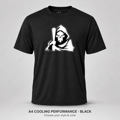 Ghost Bat-Holding Reaper — smaller main logo — Black — shirt logo reduced 8%