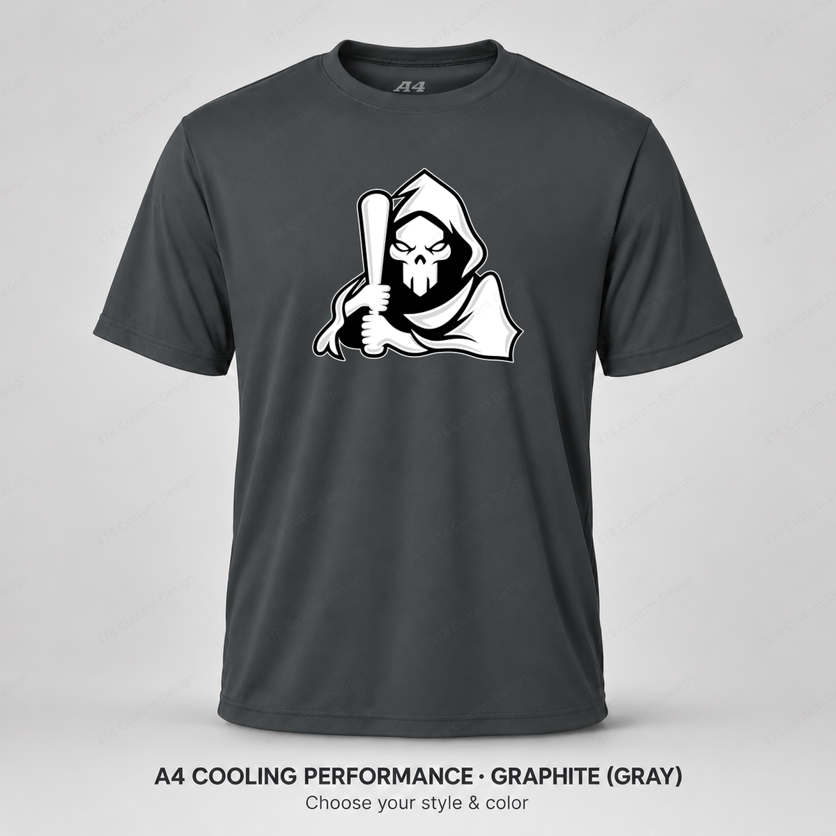 Ghost Bat-Holding Reaper — smaller main logo — Gray — shirt logo reduced 8%