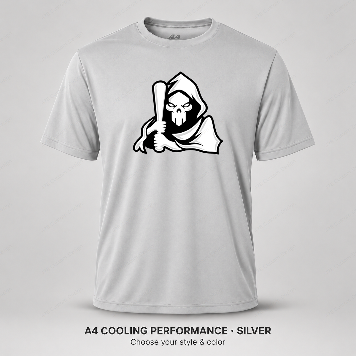Ghost Bat-Holding Reaper — smaller main logo — Silver — shirt logo reduced 8%