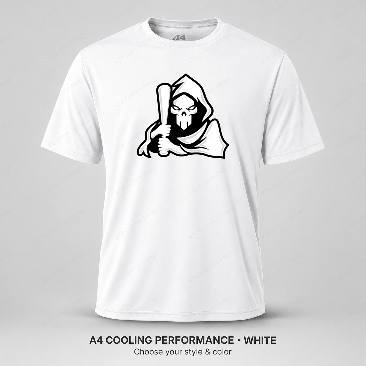 Ghost Bat-Holding Reaper — smaller main logo — White — shirt logo reduced 8%