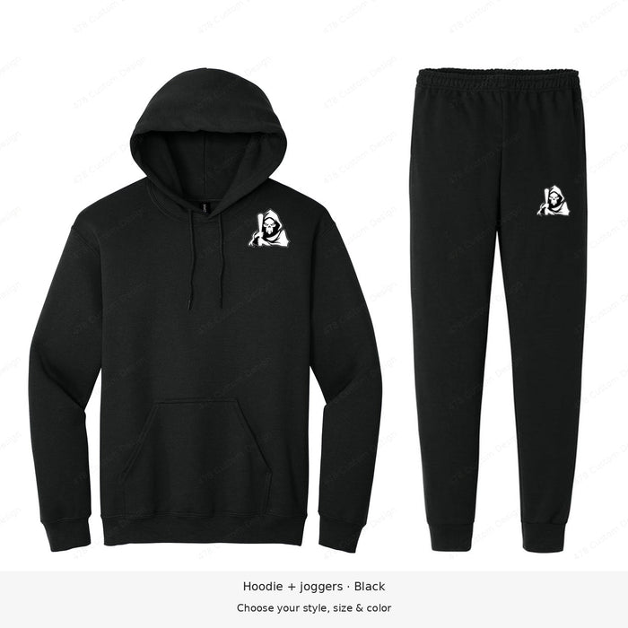 Ghost Baseball — Bat-Holding Reaper — Gildan Fleece Matching Set — example 1; corrected left-chest placement