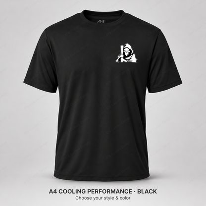 Ghost Bat-Holding Reaper — Left Chest — smaller left-chest logo — Black — shirt logo reduced 8%