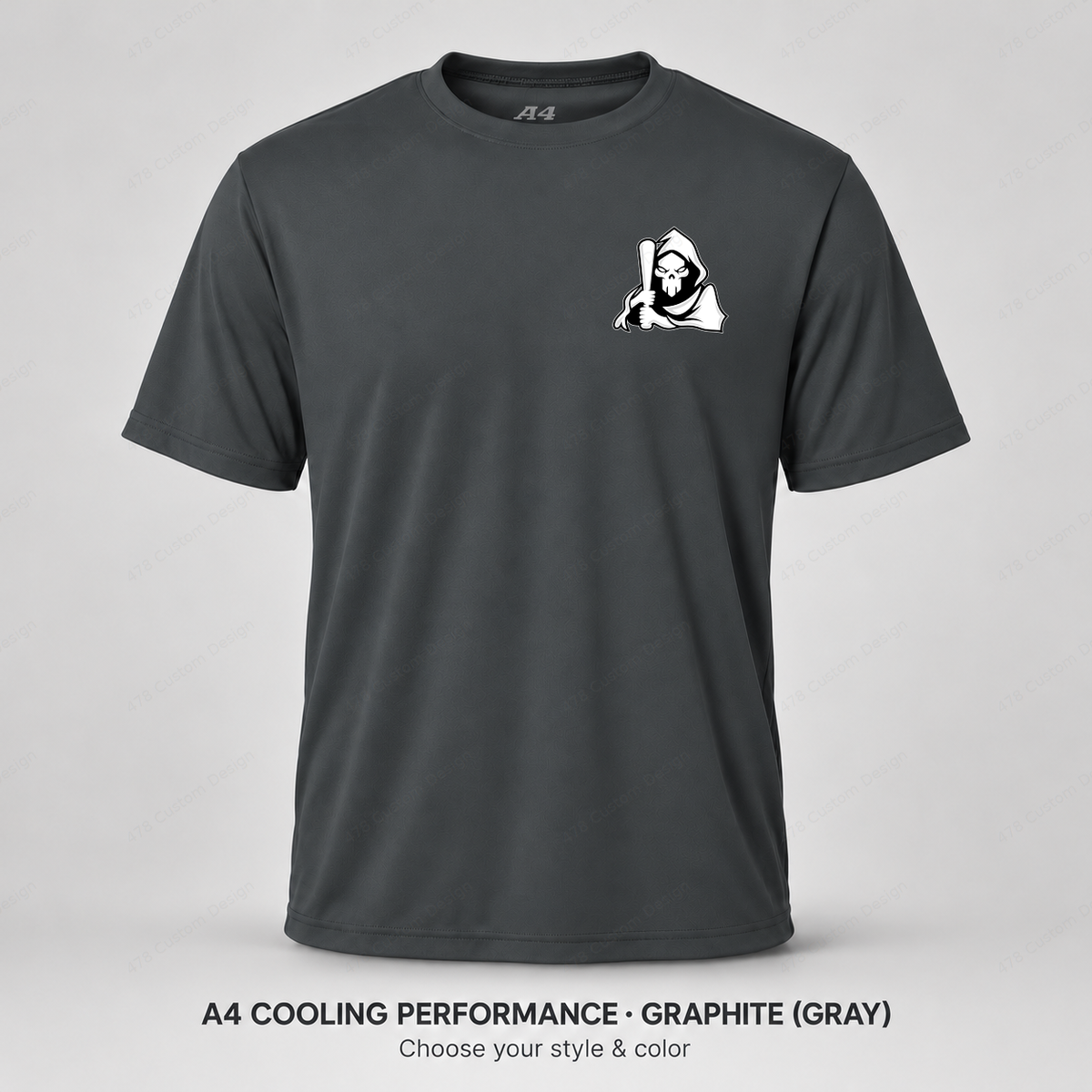 Ghost Bat-Holding Reaper — Left Chest — smaller left-chest logo — Gray — shirt logo reduced 8%