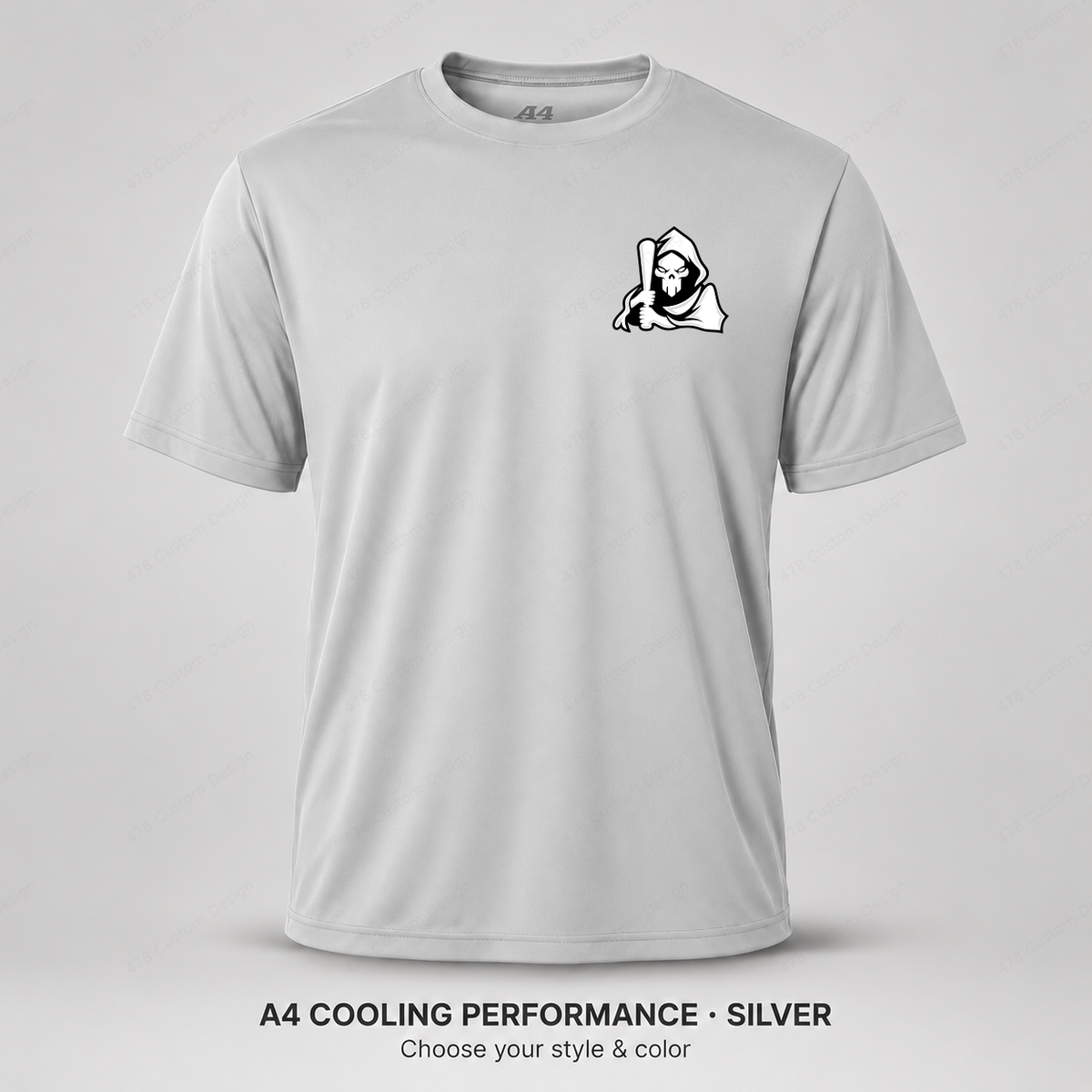 Ghost Bat-Holding Reaper — Left Chest — smaller left-chest logo — Silver — shirt logo reduced 8%