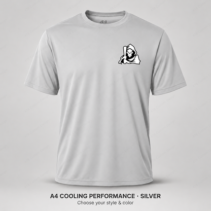 Ghost Bat-Holding Reaper — Left Chest — smaller left-chest logo — Silver — shirt logo reduced 8%