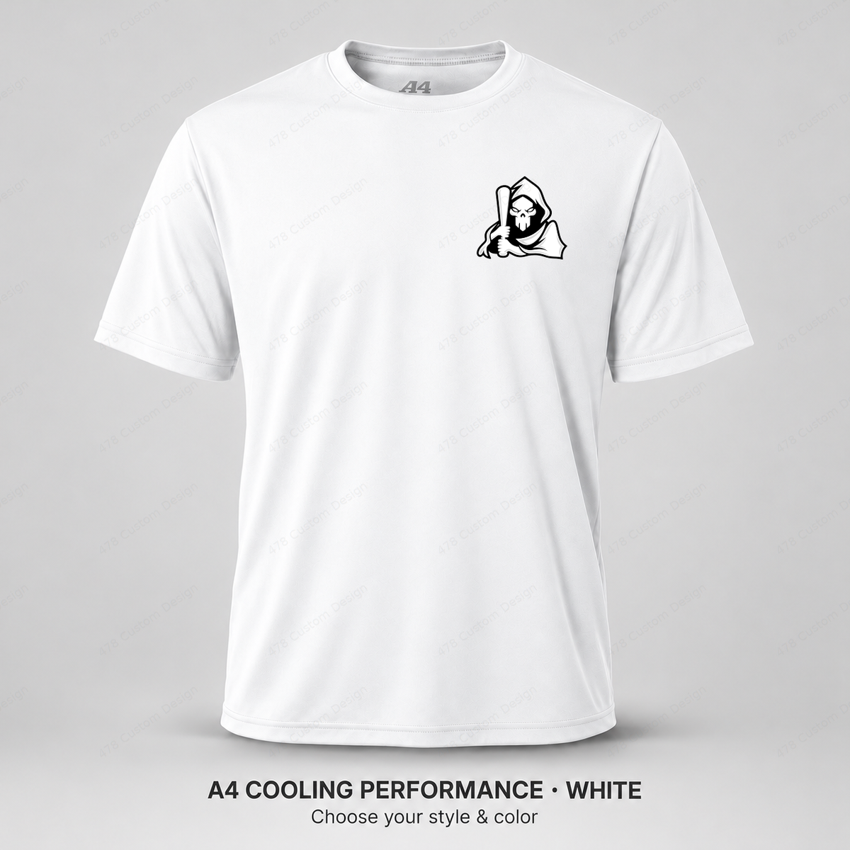 Ghost Bat-Holding Reaper — Left Chest — smaller left-chest logo — White — shirt logo reduced 8%