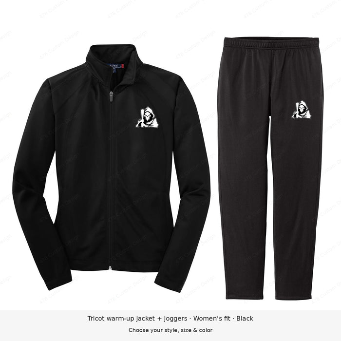 Ghost Baseball — Bat-Holding Reaper — Sport-Tek Tricot Warm-Up Set — example 1; pant logo at lower outer left thigh