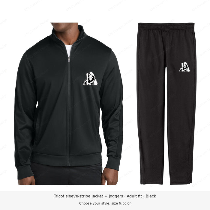 Ghost Baseball — Bat-Holding Reaper — Sport-Tek Tricot Warm-Up Set — example 2; pant logo at lower outer left thigh