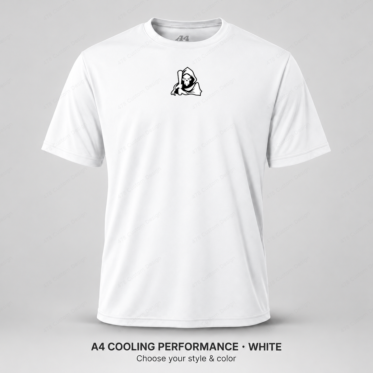 Ghost Baseball Bat-Holding Reaper — Small Upper Center — White — shirt logo reduced 8%