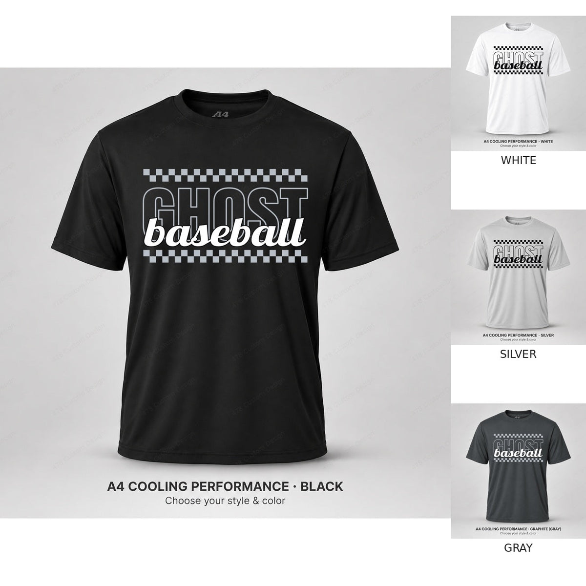 Ghost Baseball Checker & Script — full shirt with all four color previews