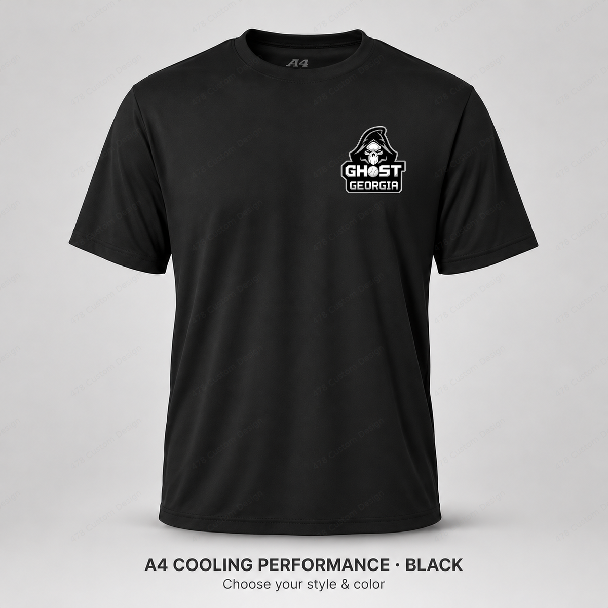 Ghost Ghost Georgia Logo — Left Chest — smaller left-chest logo — Black — shirt logo reduced 8%