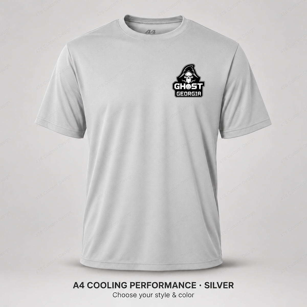 Ghost Ghost Georgia Logo — Left Chest — smaller left-chest logo — Silver — shirt logo reduced 8%